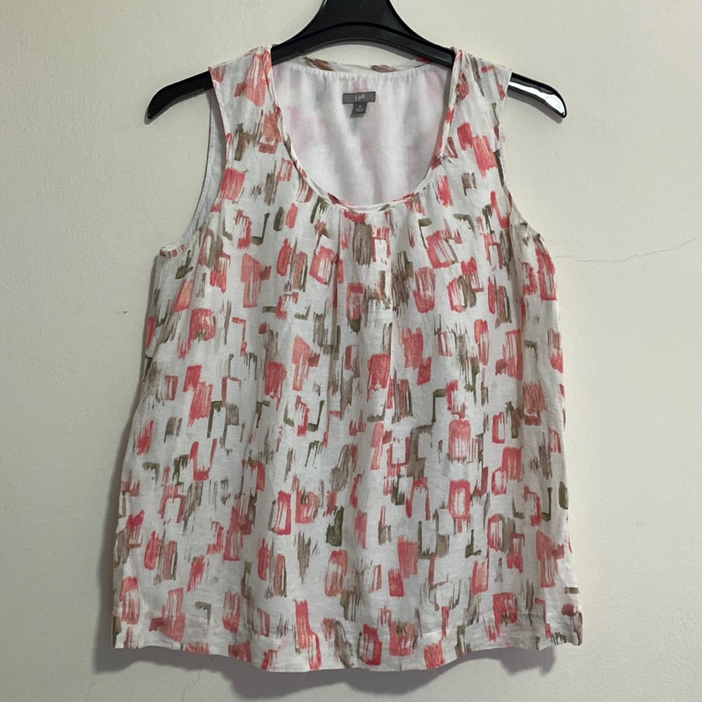 J.Jill Women Size M Sleeveless Tank Top Silk Linen Blend Graphic Print Linen